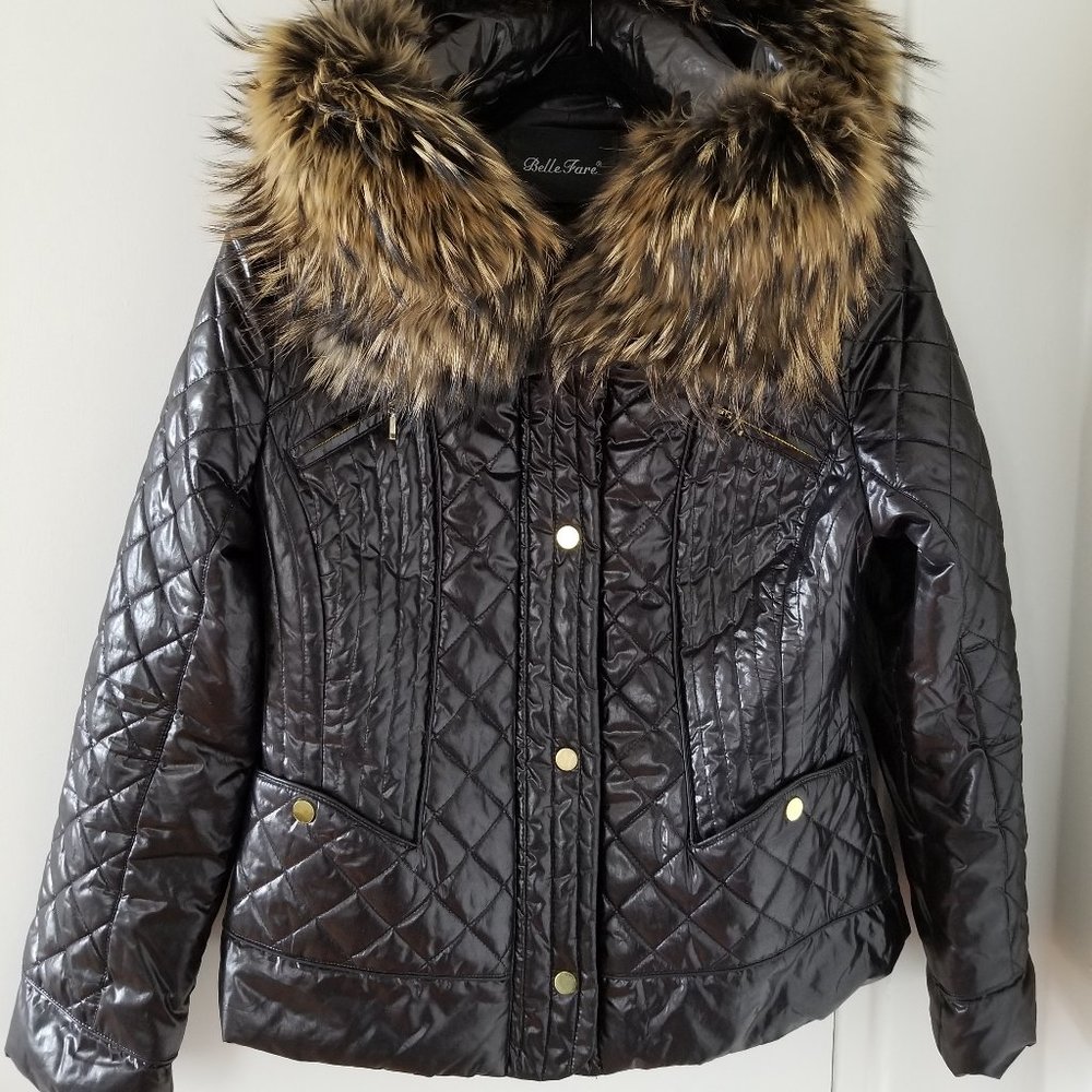 Belle Fare nylon bomber with racoon fur hood